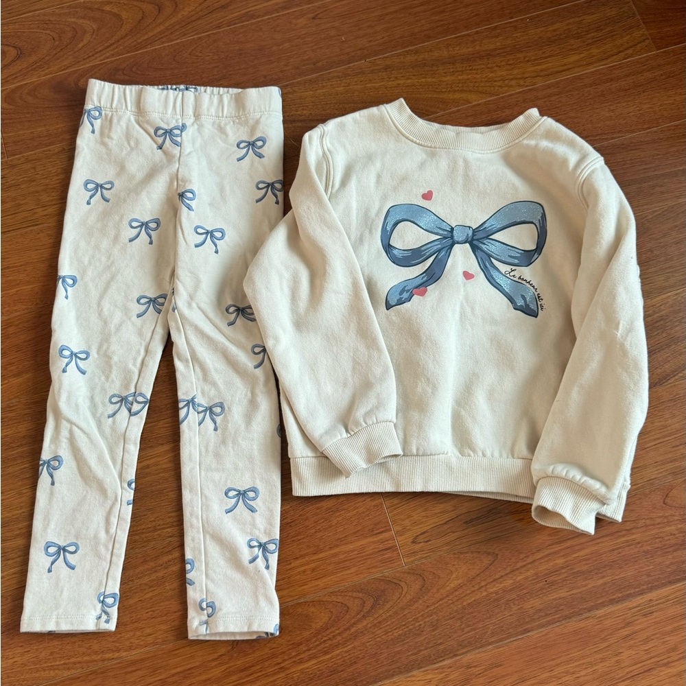 H&M Kids Coquette Bow Sweatshirt & Leggings Set Cream Blue 6X Matching Lounge